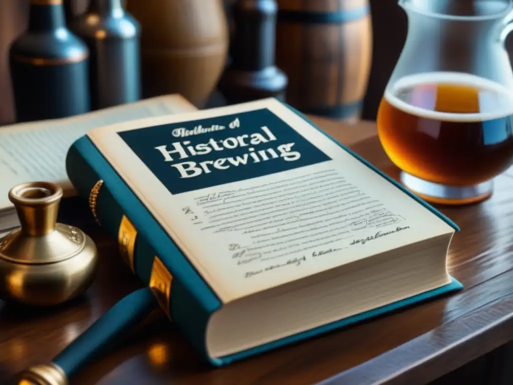 Detalles antiguos de un libro de recetas de cerveza, evocando historia y edad moderna