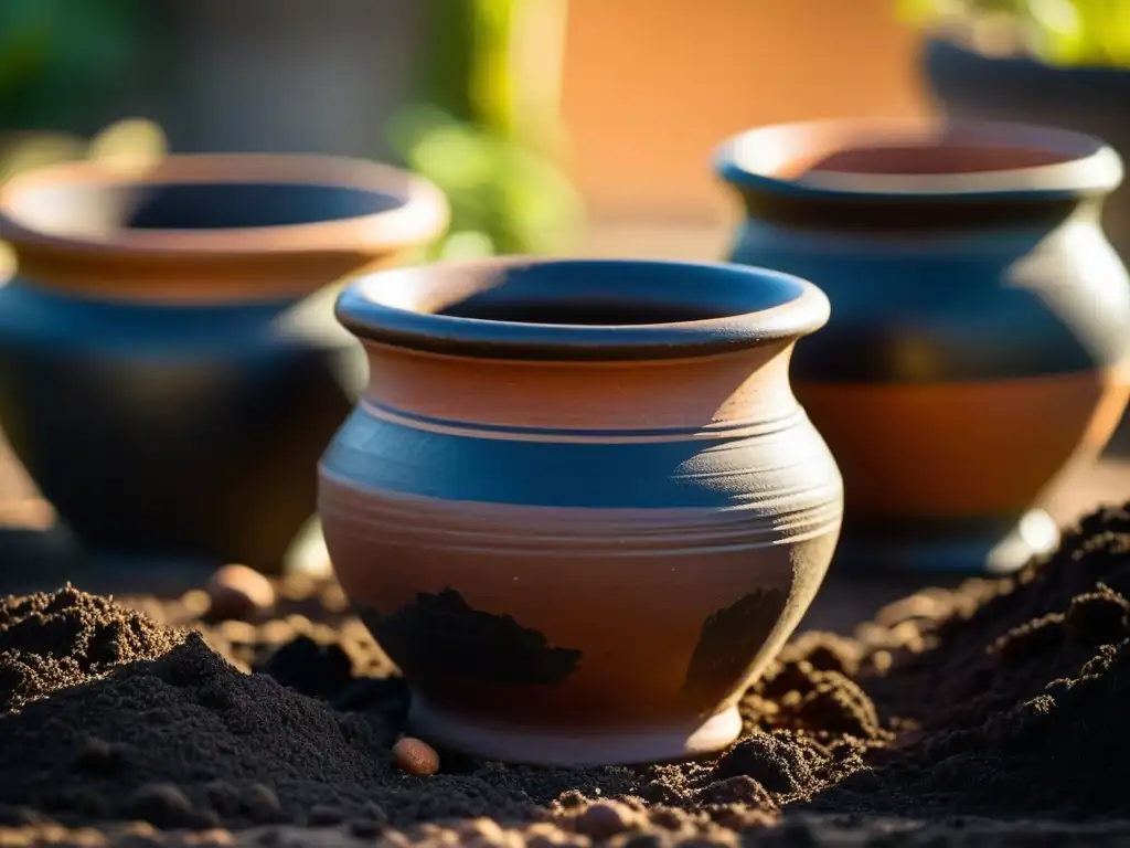 Detalles antiguos de macetas de barro llenas de compost oscuro, iluminadas por el sol