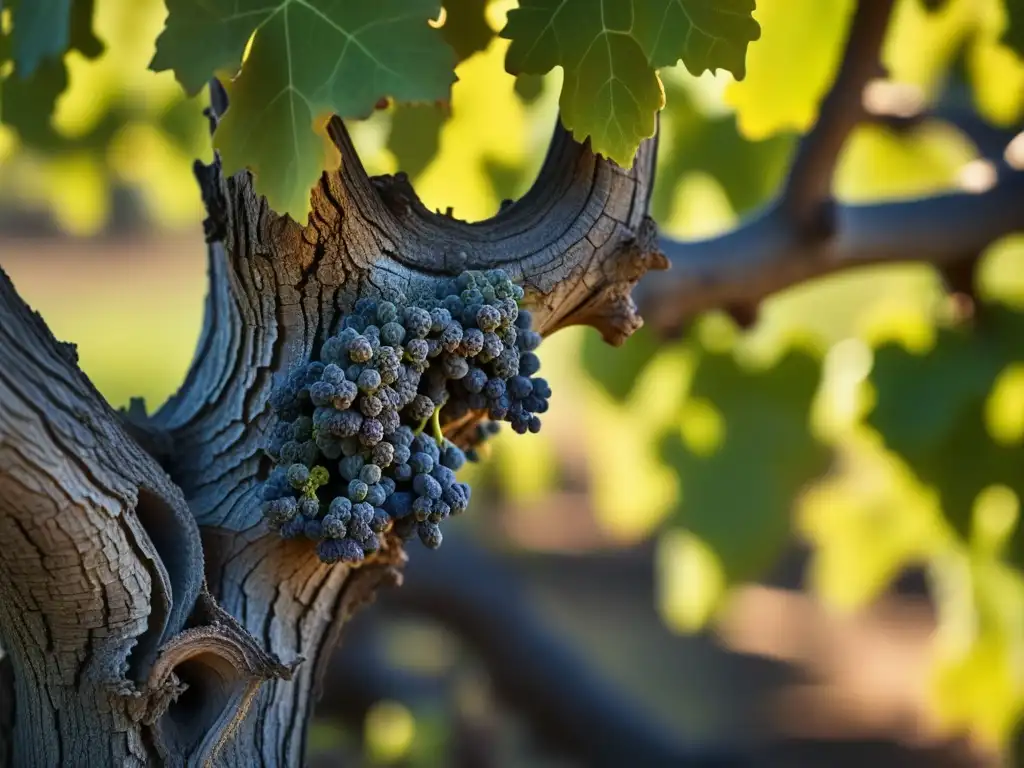 Detalles antiguos de viñedos, con uvas en formación bajo cálida luz