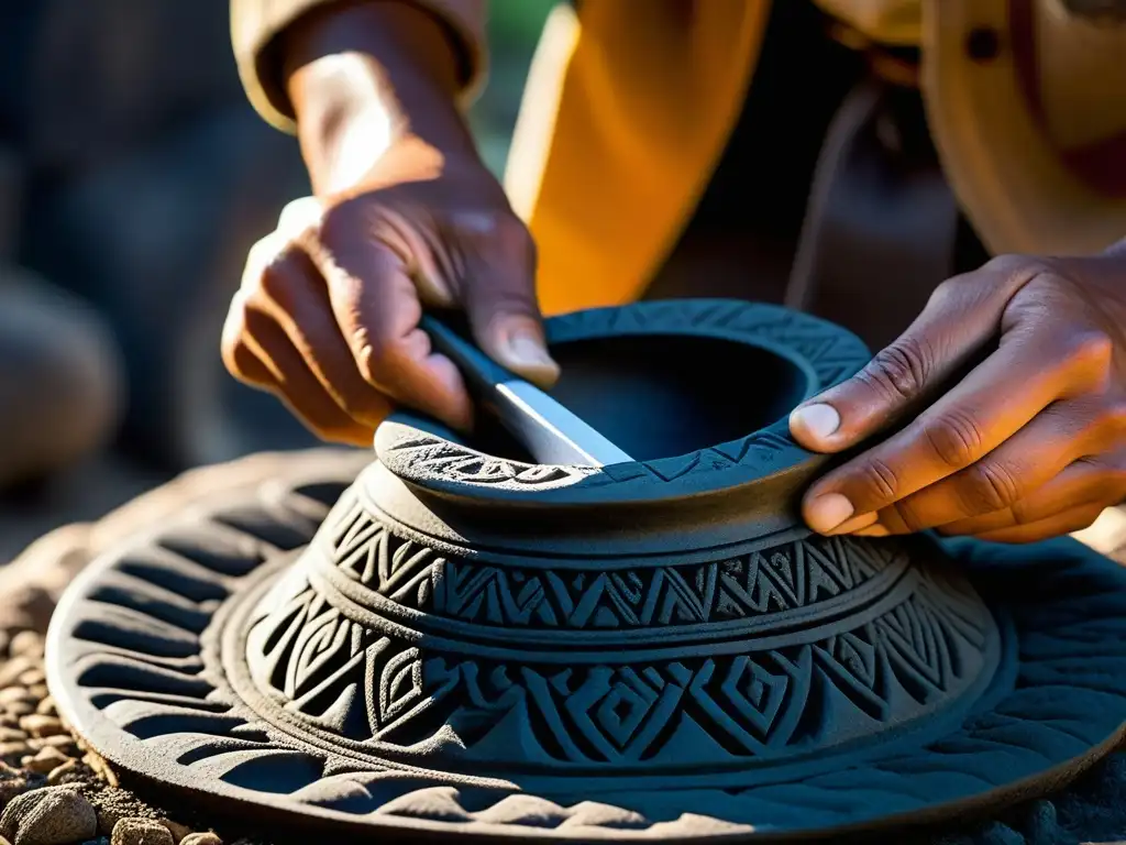 Detalles de artesanía prehispánica: manos expertas tallan un molcajete, conectando pasado y presente en la cocina