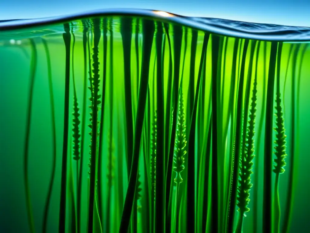 Detalles asombrosos de algas marinas verdes vibrantes moviéndose suavemente en el agua del océano cristalino