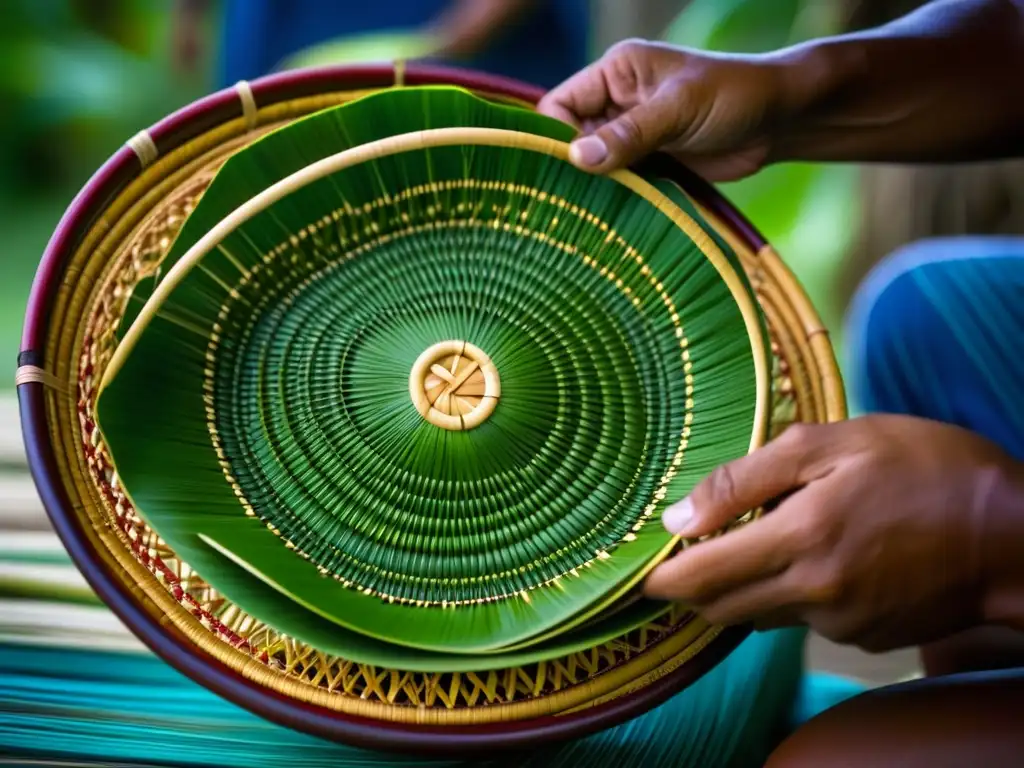 Detalles asombrosos de cestas alimentarias tradicionales de Micronesia, destacando la técnica de tejido