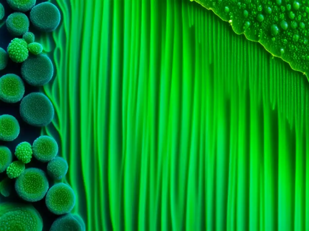 Detalles asombrosos de una cultura de espirulina verde vibrante bajo microscopio