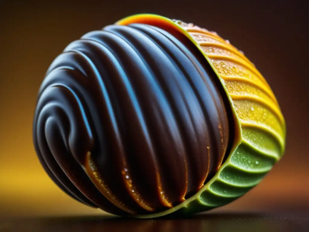 Detalles asombrosos de una vaina de cacao, con colores vibrantes y gotas de savia brillante en el tallo recién cortado