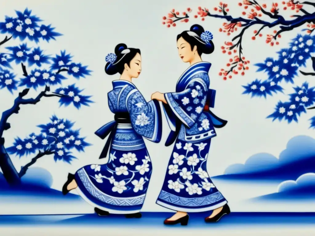 Detalles azules y blancos en azulejo portugués pintado a mano con escena de festival japonés, fusionando influencias culturales