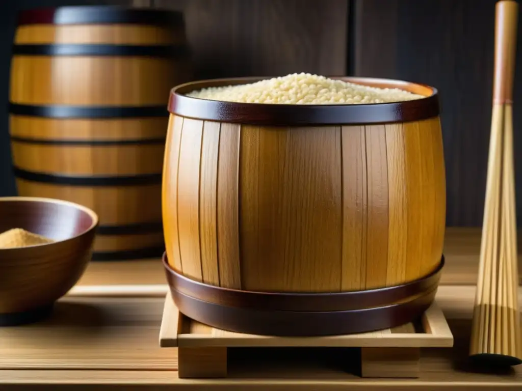 Detalles de barril de miso fermentado japonés, resaltando la textura y color