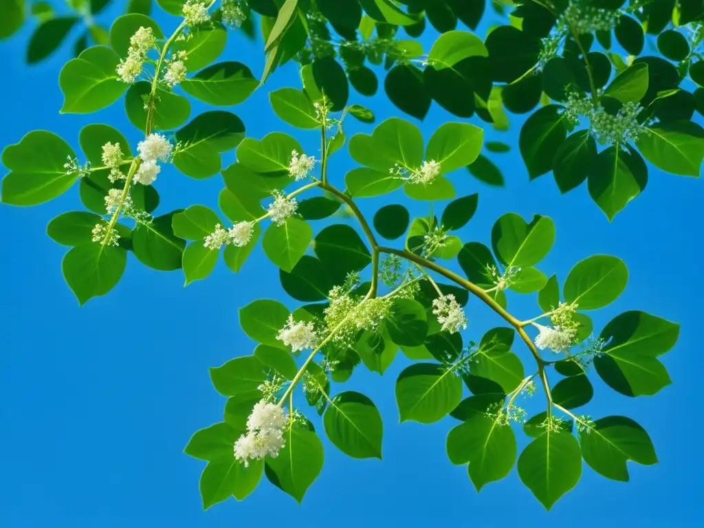 Detalles y belleza de un árbol de Moringa bajo el cielo azul