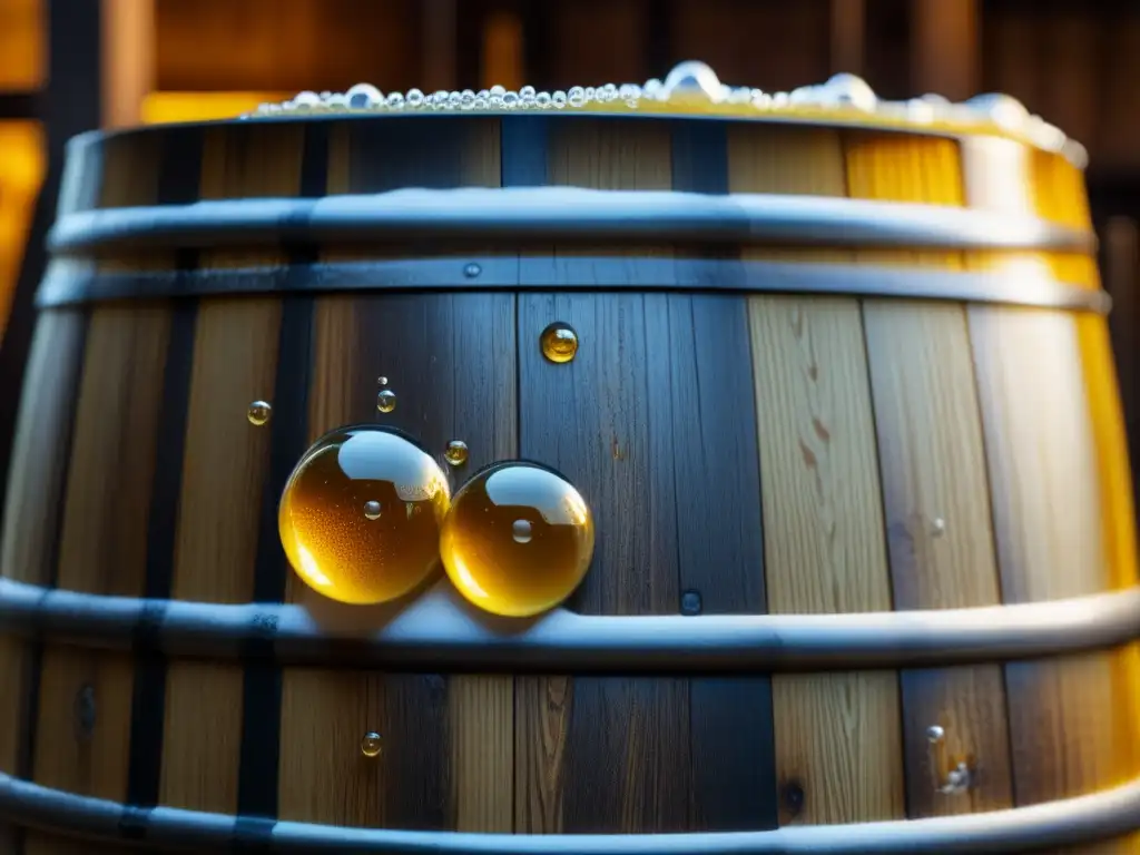 Detalles burbujeantes de fermentación milenaria en barril de madera, resaltando la belleza natural de la cerveza