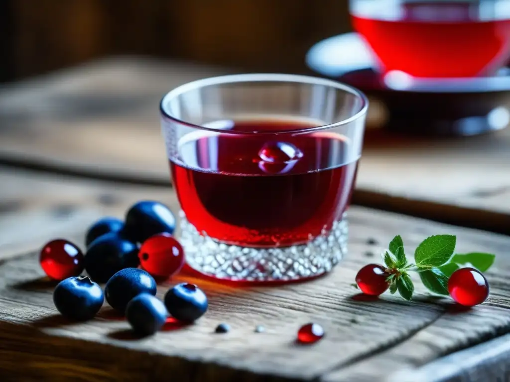 Detalles burbujeantes en vaso de Mors rojo en mesa de madera con frutas frescas