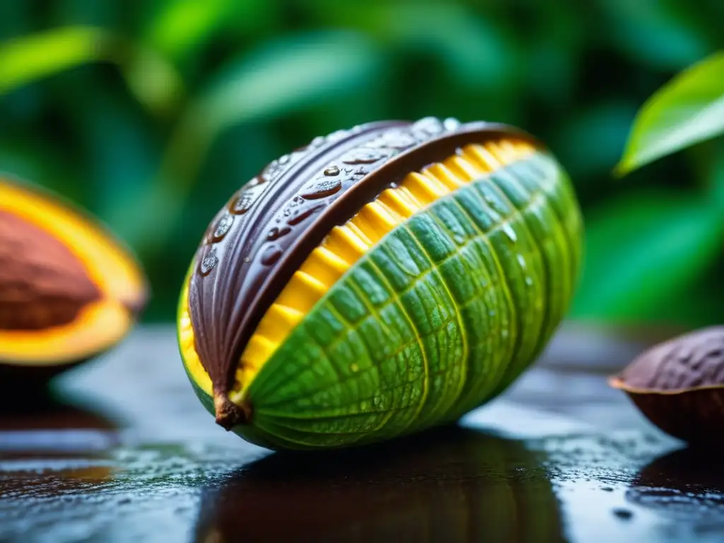 Detalles de un cacao fresco con gotas de agua, resaltando su belleza