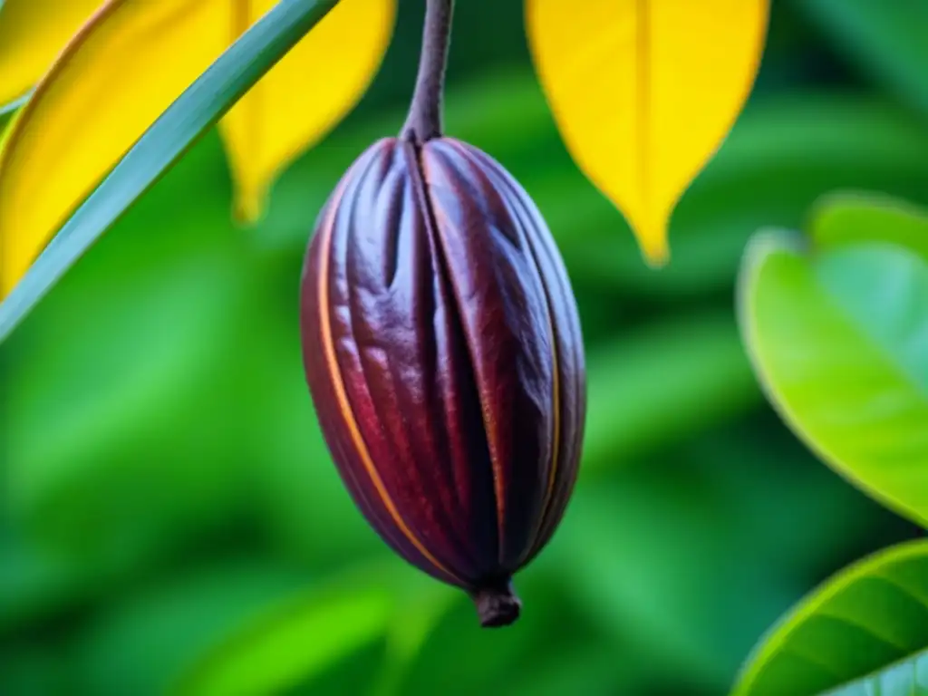 Detalles de un cacao maduro colgando en un árbol, resaltando la belleza natural y la historia del cacao en América