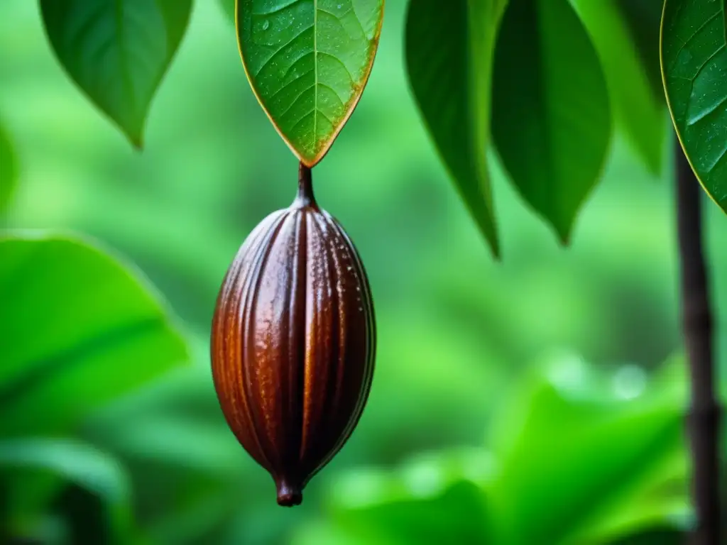 Detalles de un cacao en plantación mexicana con gotas de rocío, historia del cacao en Europa