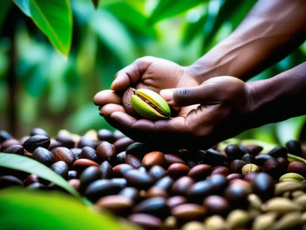 Detalles de cacao recolectado a mano por agricultores indígenas en plantación vibrante