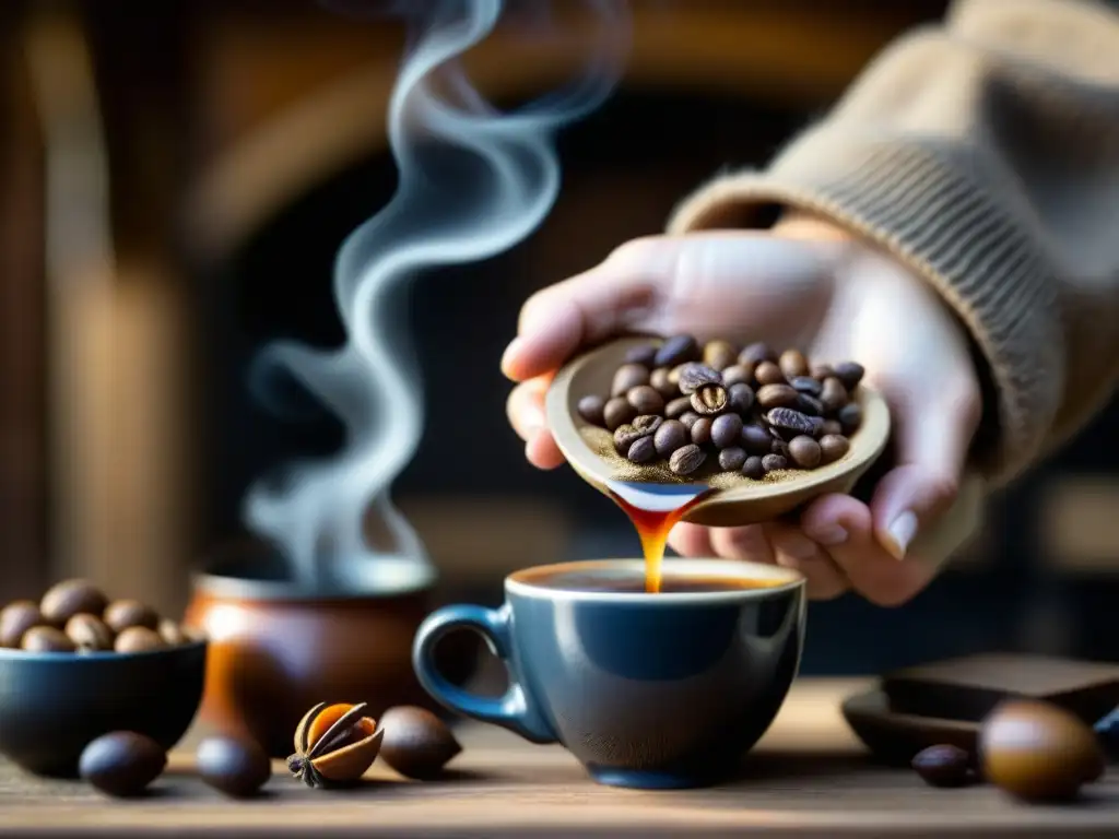 Detalles de café de bellota recién hecho en mano, sobre mesa rústica con granos de café y bellotas