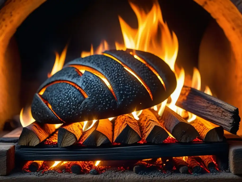 Detalles cautivadores de la madera quemada y brasas en un horno de tierra, resaltando la importancia cultural de técnicas de cocción tradicionales