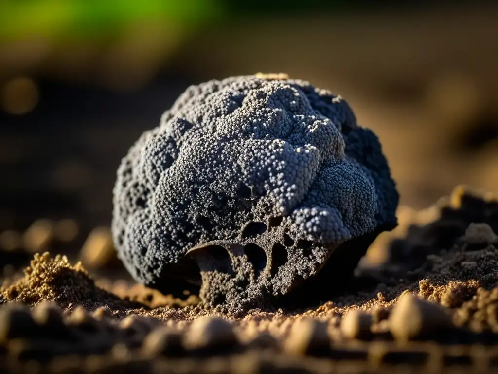 Detalles cautivadores de una trufa negra recién desenterrada en la tierra, evocando historia trufa Europa culinaria