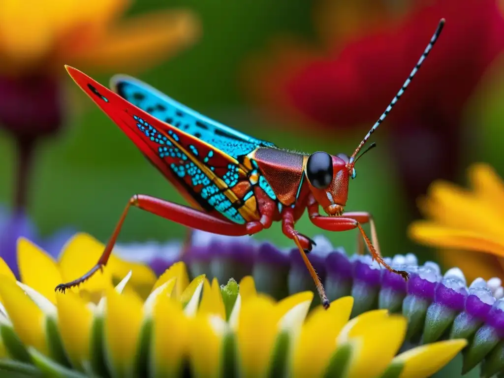 Detalles de un chapulín rojo sobre flores comestibles