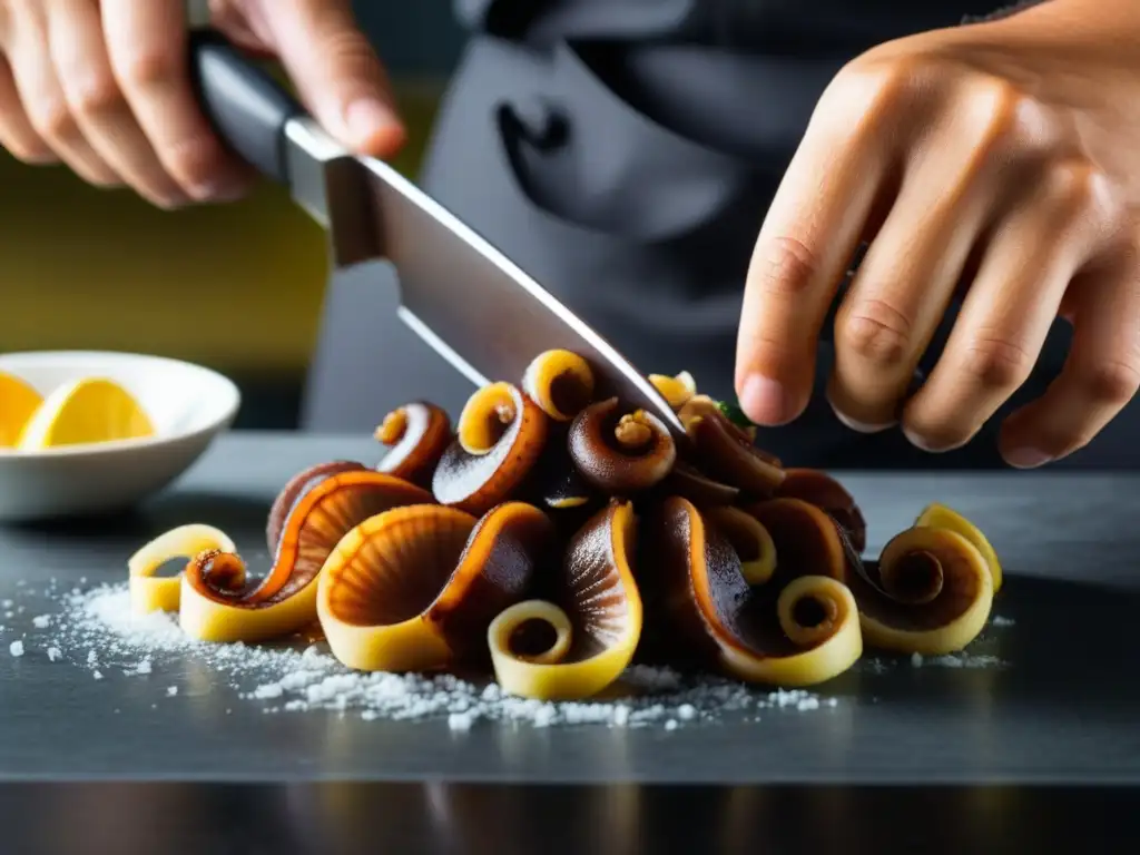 Detalles de chef cortando pulpo cocido para Pulpo a la Gallega, mostrando precisión culinaria