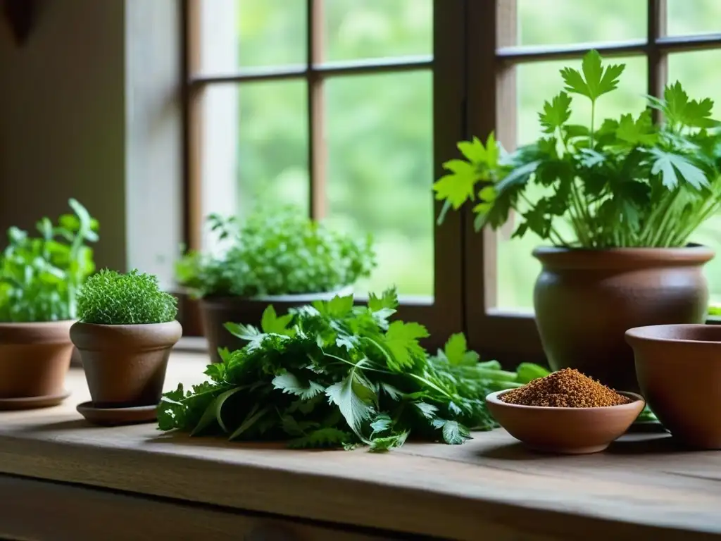 Detalles de cilantro en la cocina medieval: mesa con hierbas, especias, velas y utensilios de madera