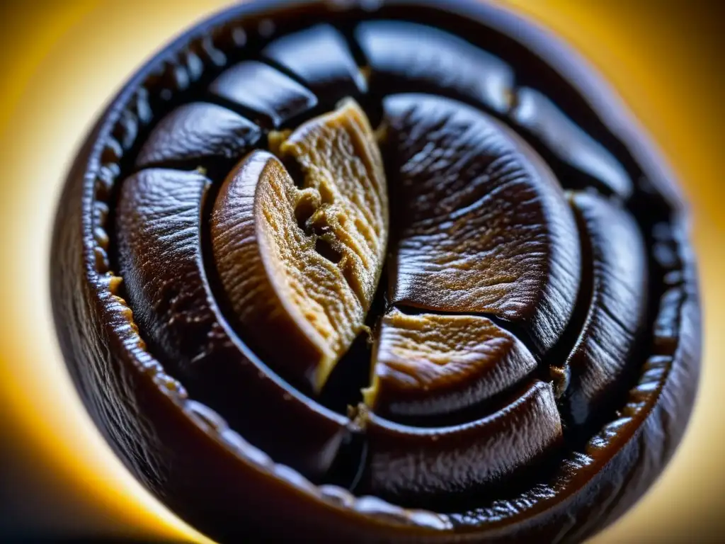 Detalles en closeup de un grano de café tostado, resaltando sus texturas y colores