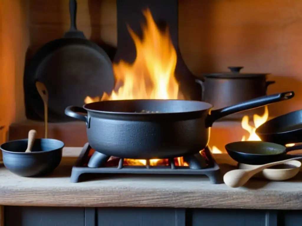 Detalles de una cocina colonial americana con influencia europea y utensilios tradicionales, cocinando estofado