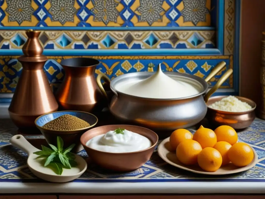 Detalles de una cocina tradicional del Medio Oriente con ingredientes y utensilios, influencia del yogur otomano