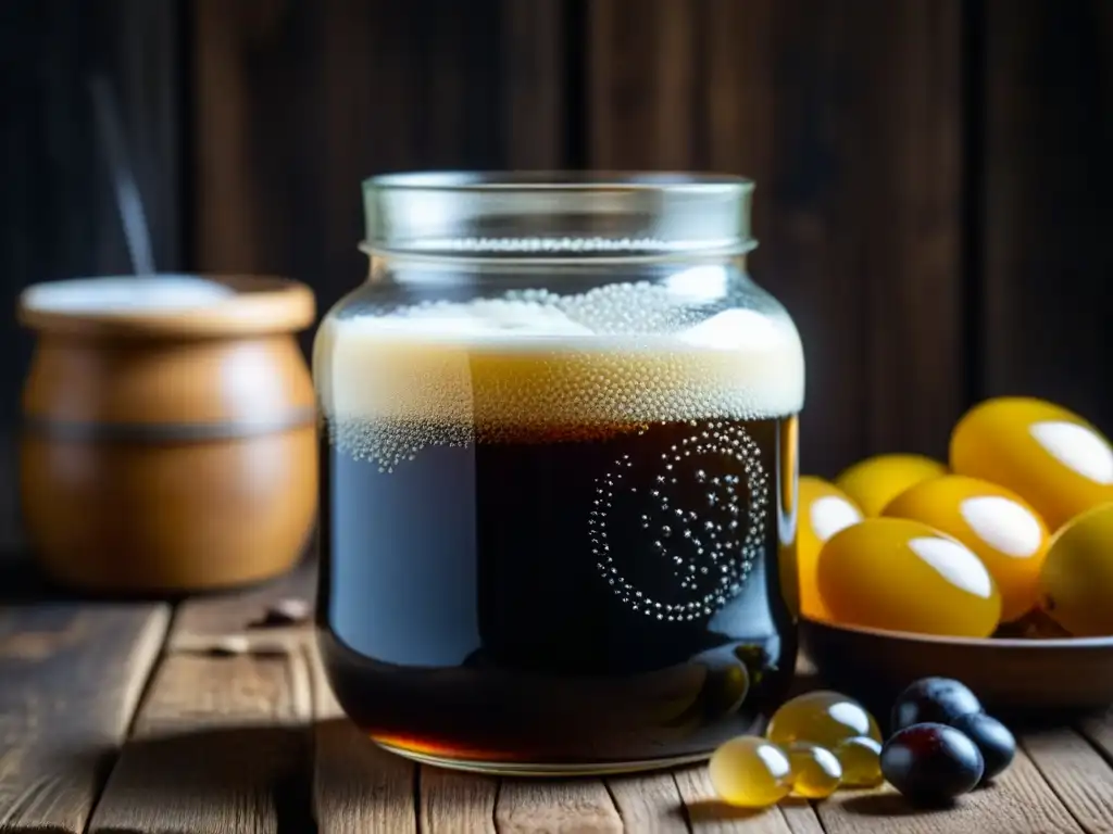 Detalles de la fermentación en la cocina zarista con kvass burbujeante y espuma en jarra rústica