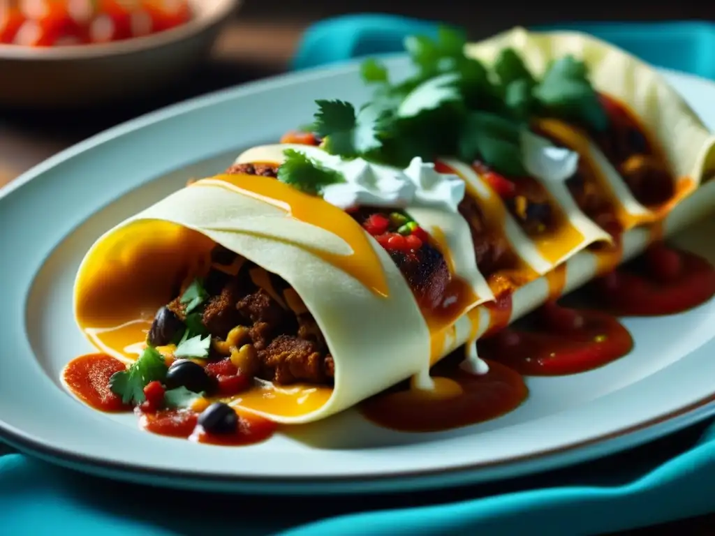 Detalles coloridos de una enchilada TexMex, con queso derretido, salsa roja y cilantro