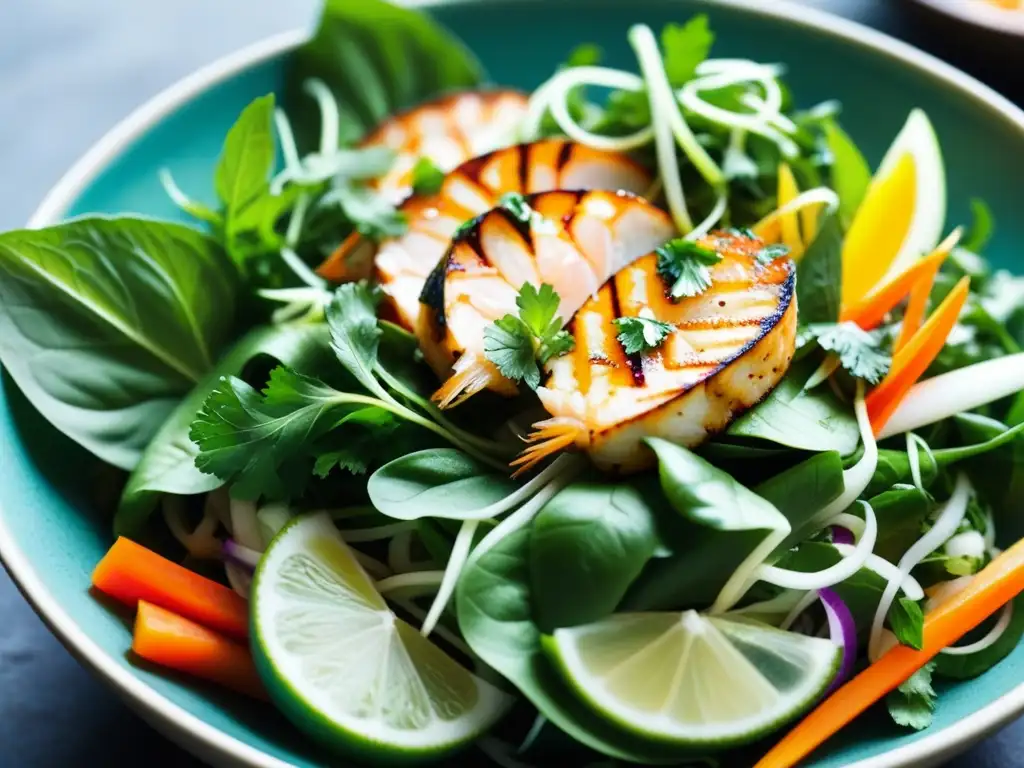 Detalles coloridos de una ensalada vietnamita con hierbas frescas y camarones a la parrilla, bañada en aderezo de salsa de pescado