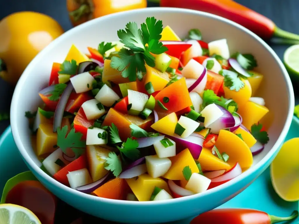 Detalles coloridos y frescos de un ceviche recién preparado, transmitiendo la frescura y arte de este plato latinoamericano