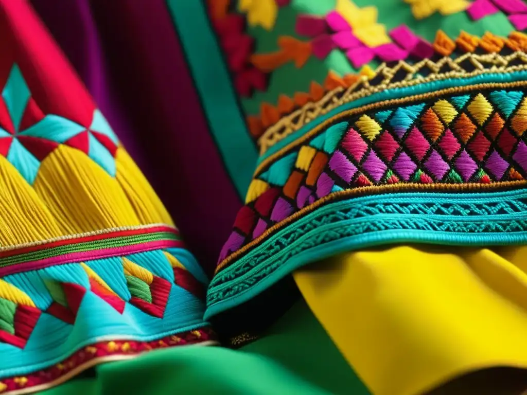 Detalles coloridos y patrones intrincados de un bordado Phulkari, reflejando el arte y la historia de artesanos punjabíes