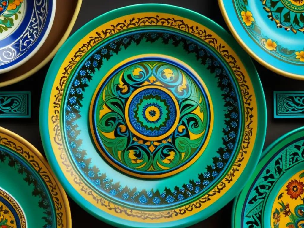 Patrones coloridos en platos de cerámica uzbekos Detalles coloridos de platos de cerámica uzbekos, símbolos de recetas históricas cultura Uzbekistán