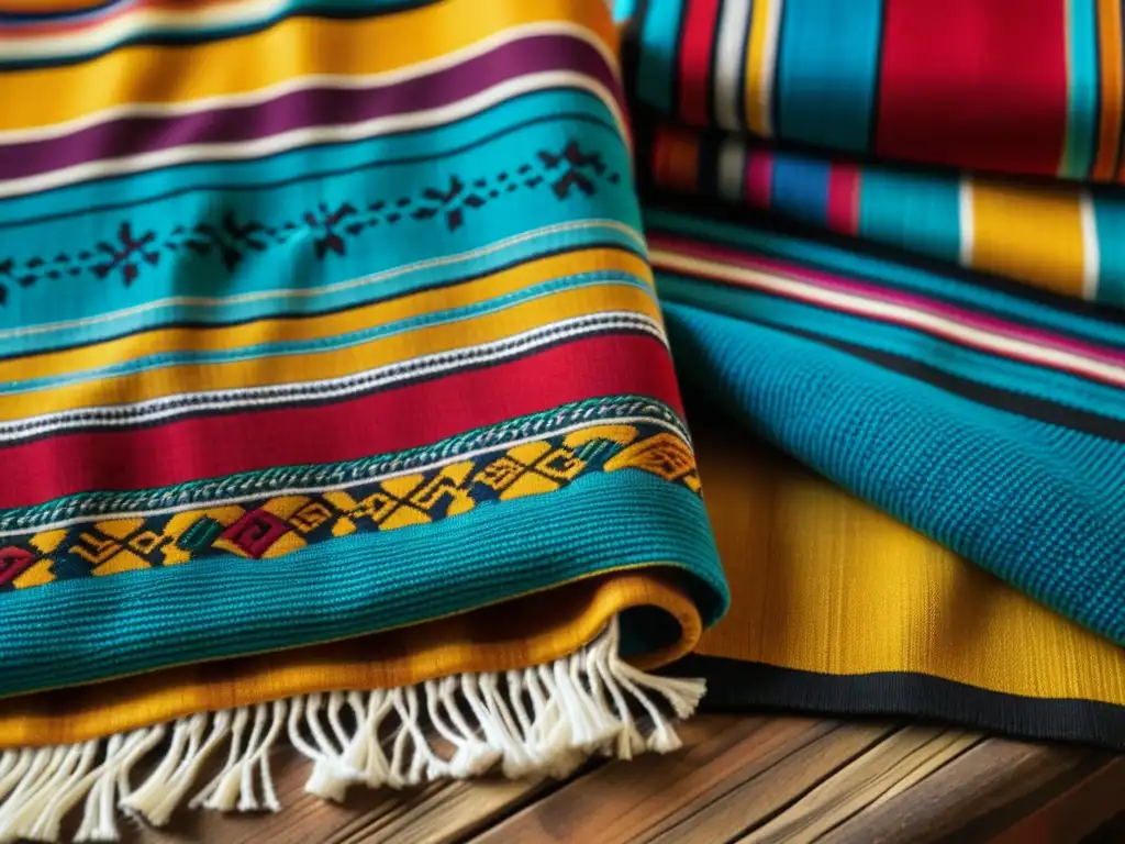 Detalles coloridos de textiles peruanos en mesa rústica, simbolizando el Pachamanca banquete sagrado Andes