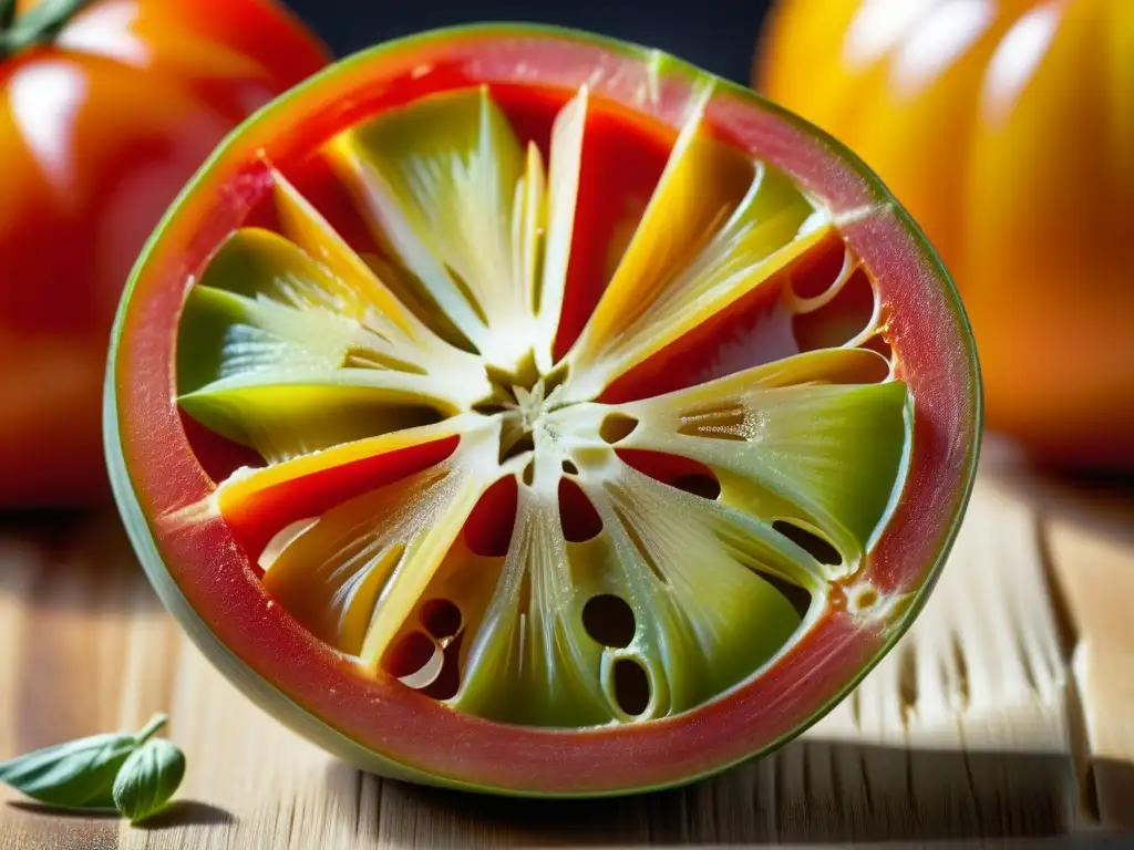 Detalles coloridos de un tomate antiguo en corte sobre tabla de madera, resaltando la diversidad de ingredientes olvidados en revistas gastronómicas