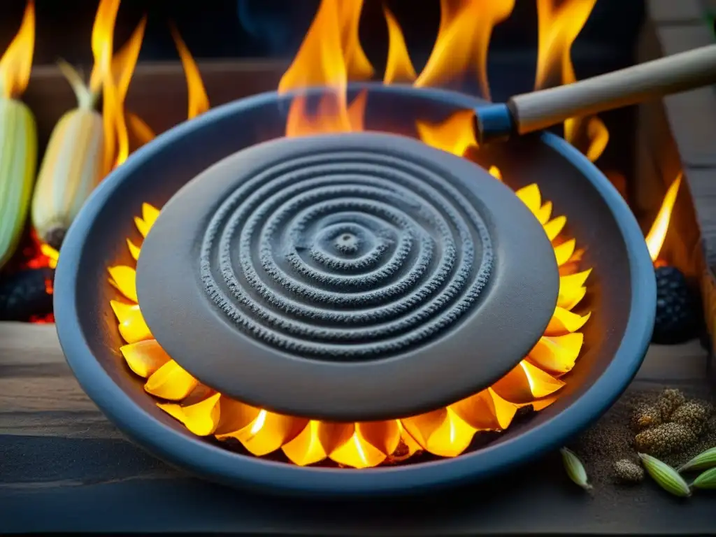 Detalles de un comal de barro sobre fuego con maíz ancestral, evocando la transformación de la cocina mestiza en la era colonial