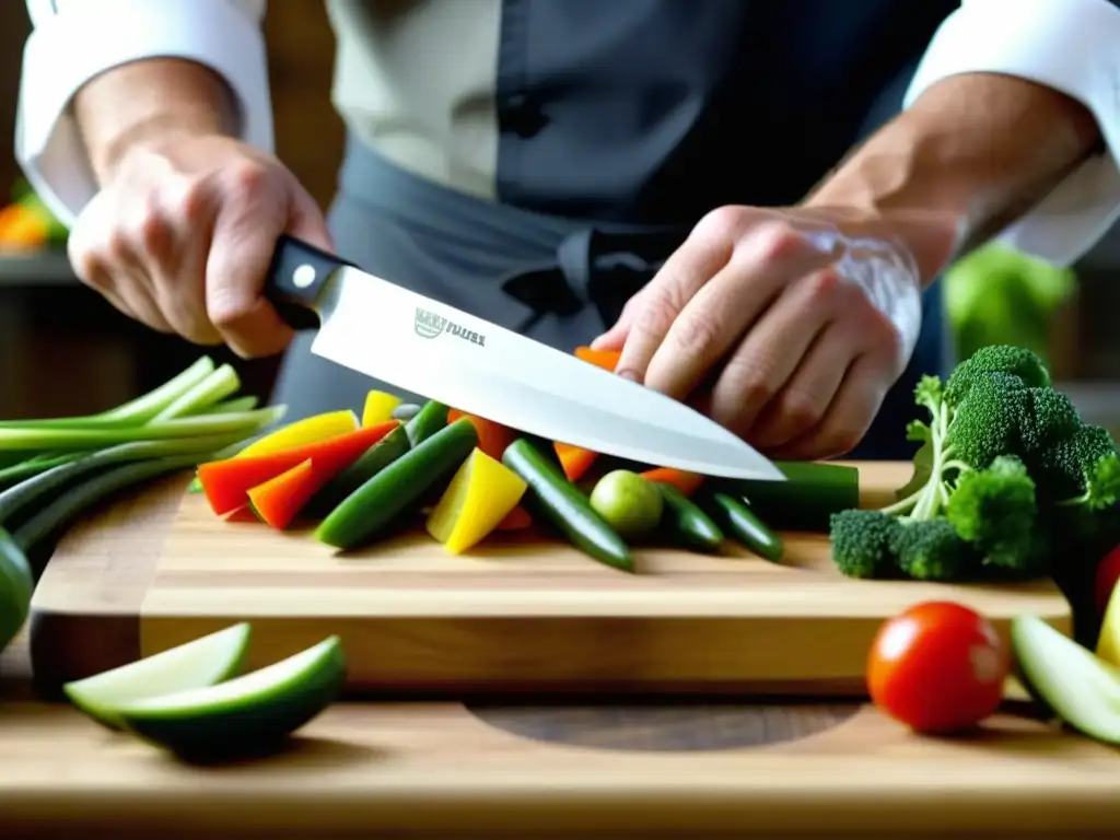 Detalles de corte de chef en historia culinaria con vegetales vibrantes en tabla de madera