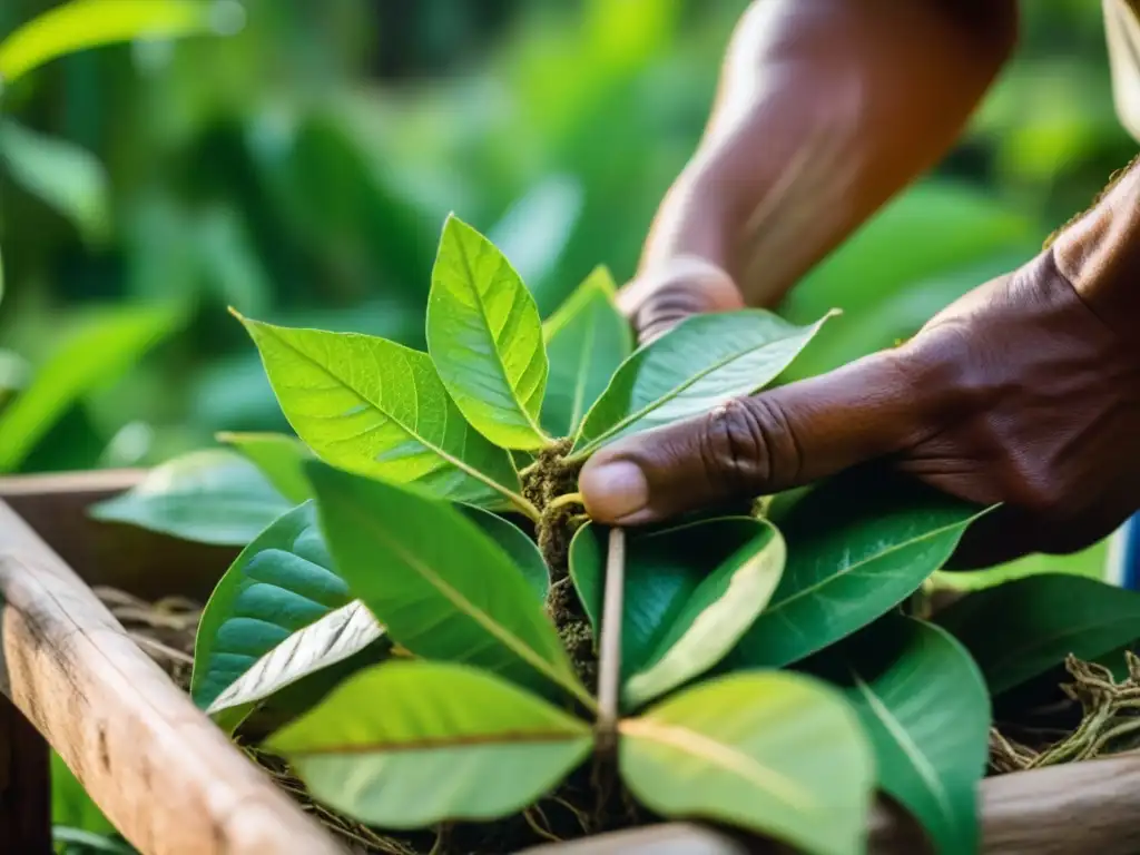 Detalles de la cosecha de yerba mate en plantación tradicional sudamericana bajo el sol cálido