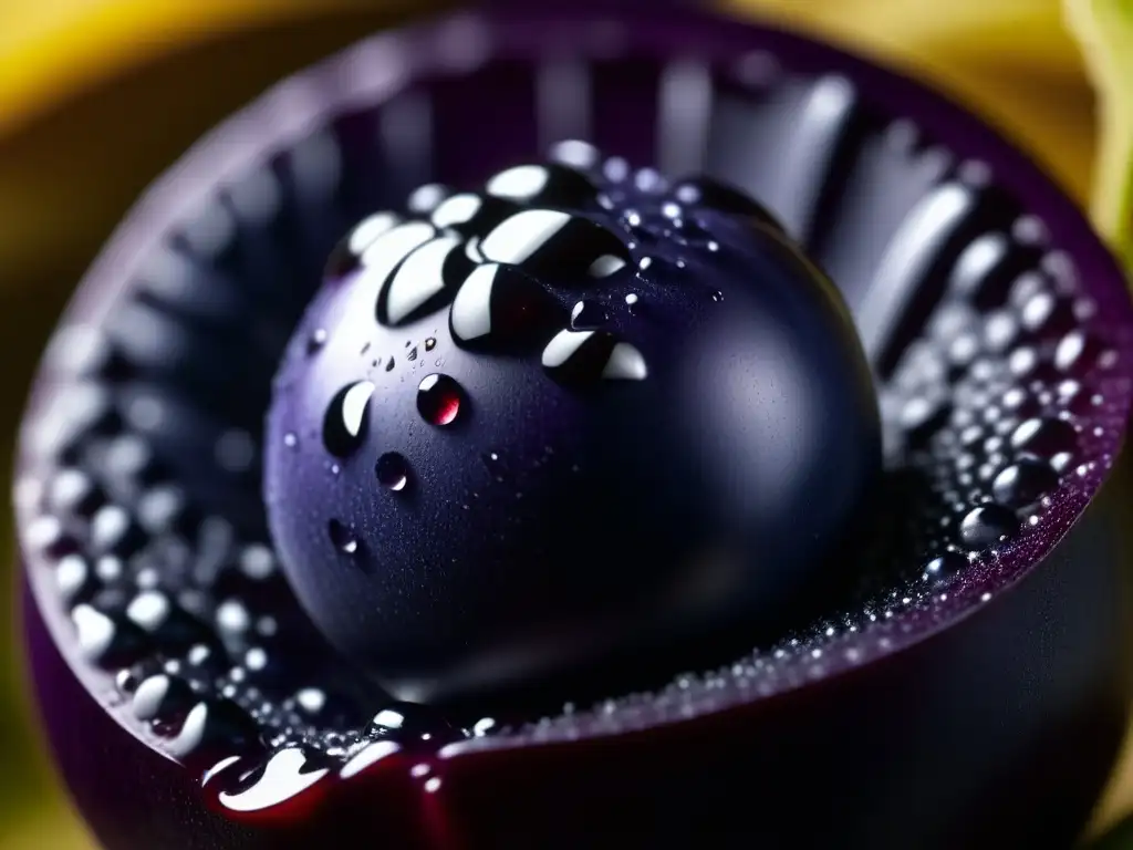 Detalles del acai recién cosechado, con texturas vibrantes, tonos morados y gotas de agua, mostrando la historia del acai superalimento cultural