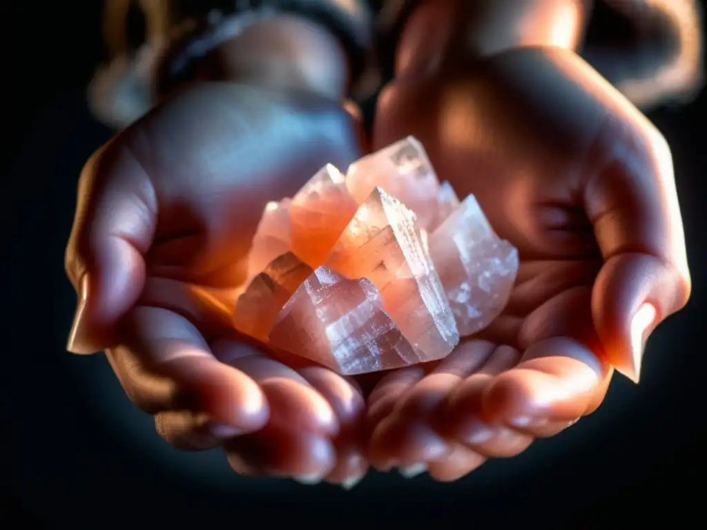 Detalles del cristal de sal rosada Himalaya, mostrando sus patrones naturales y textura brillante bajo suave iluminación