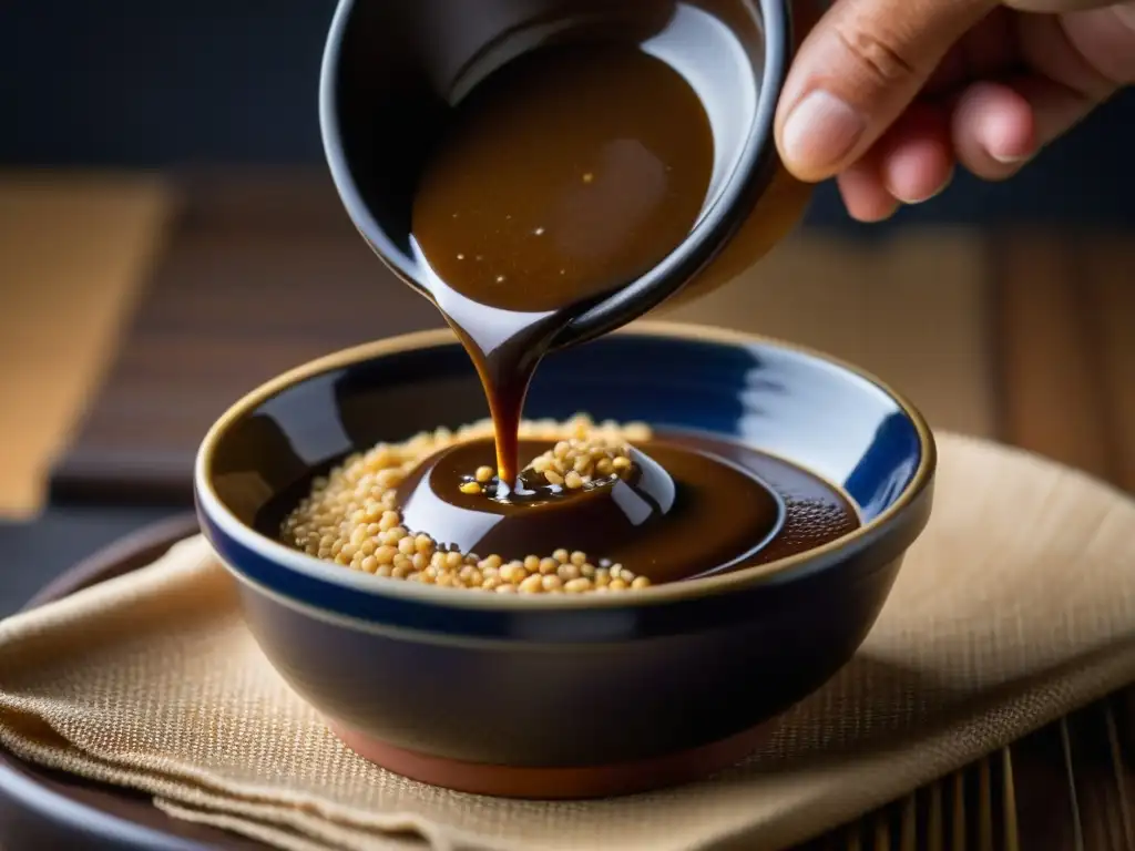 Detalles de la cuchara de madera japonesa sacando miso oscuro de un recipiente de cerámica