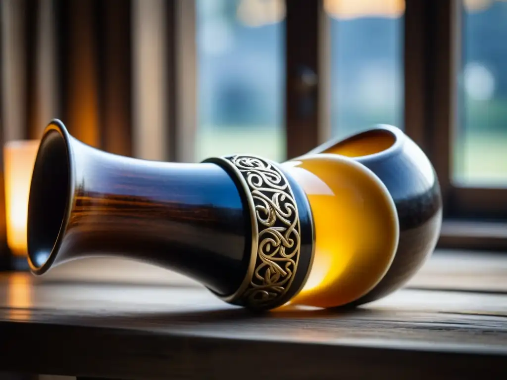 Detalles de un cuerno vikingo lleno de hidromiel en una mesa de madera rústica