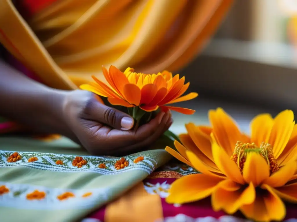 Detalles cuidadosos de un clavel naranja sobre un sari indio, resaltando la belleza del significado cultural de la fiesta Baisakhi