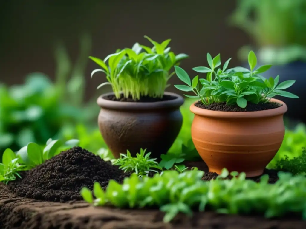 Detalles de cultivo orgánico en la historia: macetas de barro con brotes verdes de hierbas y vegetales enriquecen la tierra oscura