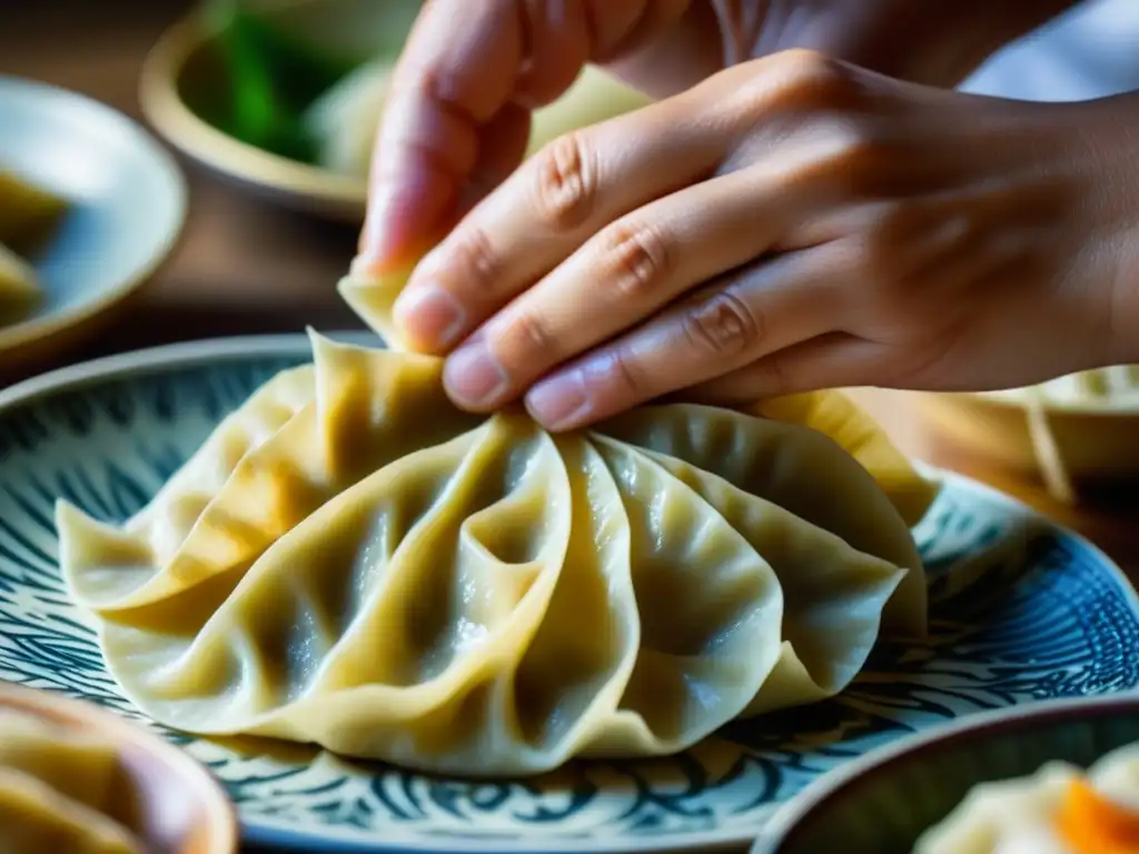 Detalles delicados al plegar un gyoza japonés con influencia portuguesa, fusionando sabores en armonía culinaria