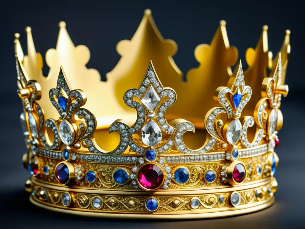 Corona dorada con joyas: lujo de la cocina francesa Detalles deslumbrantes de corona dorada con joyas y grabados, símbolo de la historia de la gastronomía de lujo