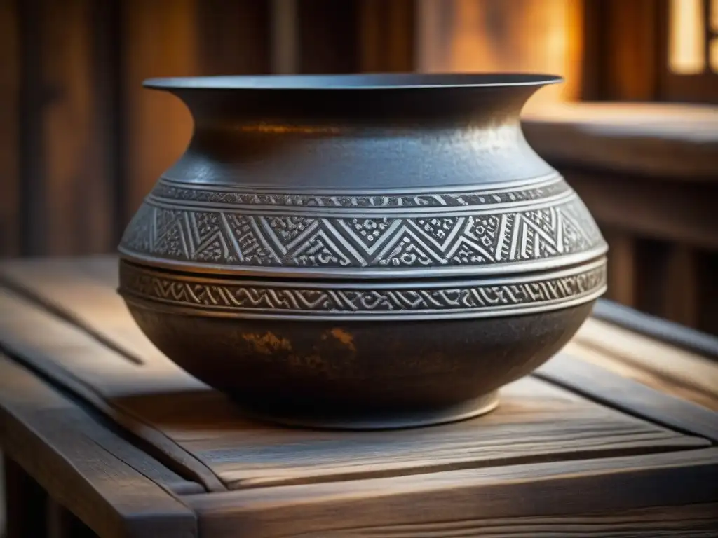 Detalles detallados de una olla de hierro antigua en una mesa de madera rústica, iluminada por luz natural, evocando tradición culinaria