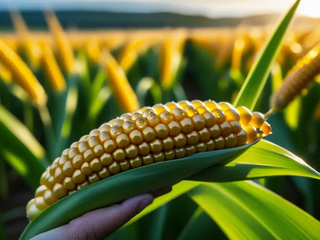 Detalles dorados del maíz con rocío, campo borroso al atardecer