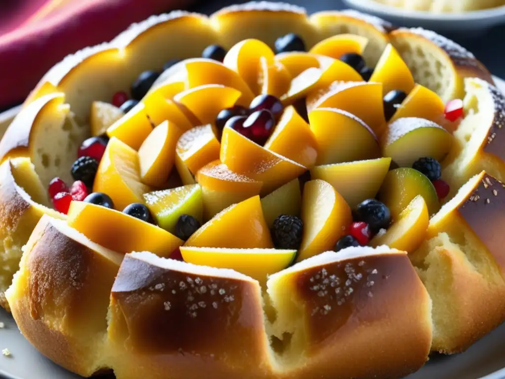 Detalles dorados y coloridos de un Pan de Fruta recién horneado, revelando su interior esponjoso y frutal