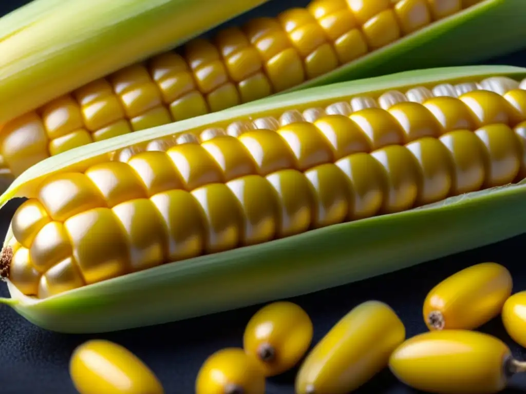 Detalles dorados del maíz recién cosechado, resaltando su belleza en la Revolución del maíz gastronomía histórica