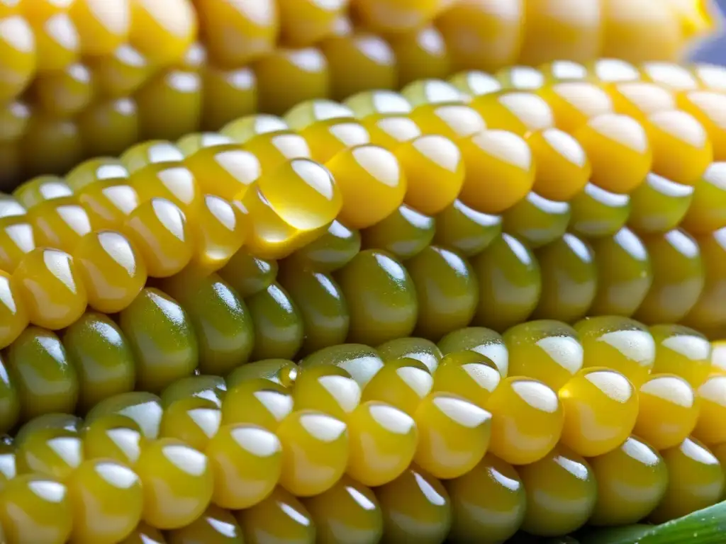 Detalles dorados de maíz recién cosechado con rocío bajo la luz matutina, resaltando su belleza natural